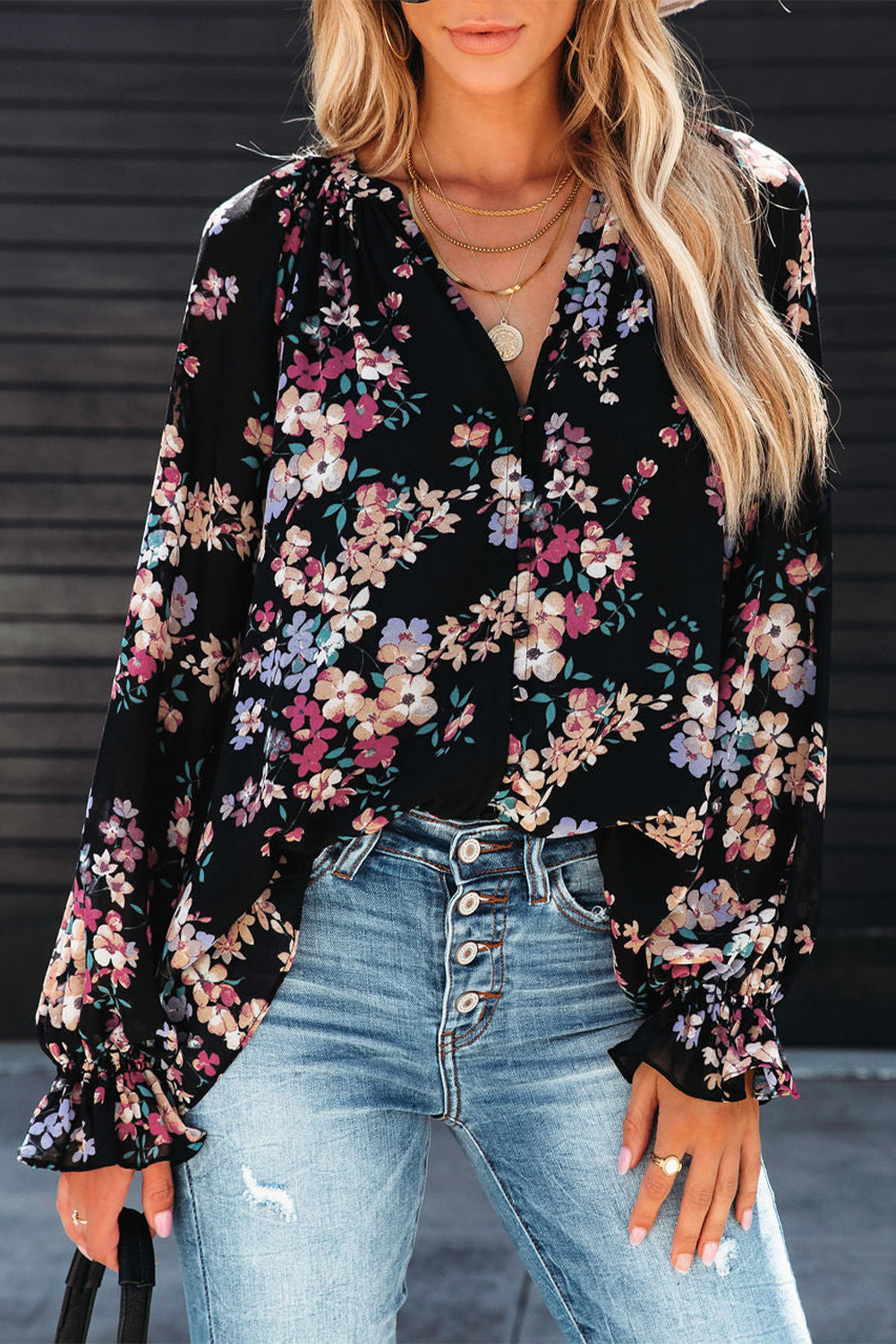 Black Wildflower Print Chiffon Blouse