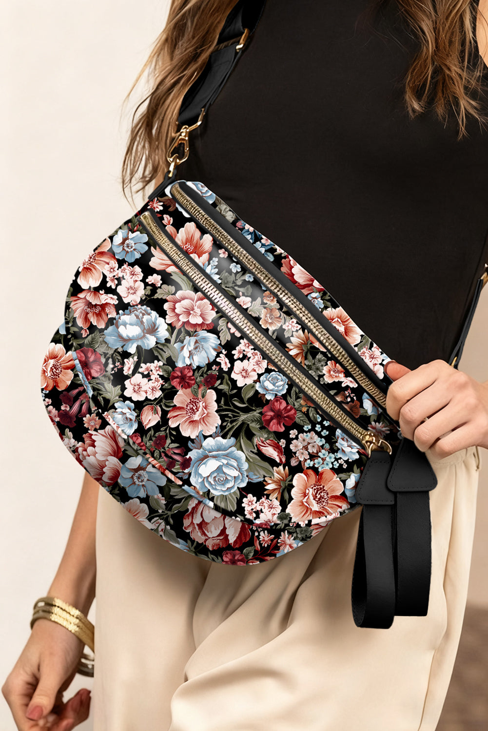 Color black Floral Printed Double Zip PU Leather Crossbody Bag