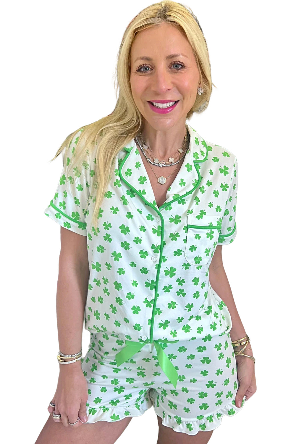 Green Clover Printed Short Sleeve and Ruffled Shorts Pajama Set