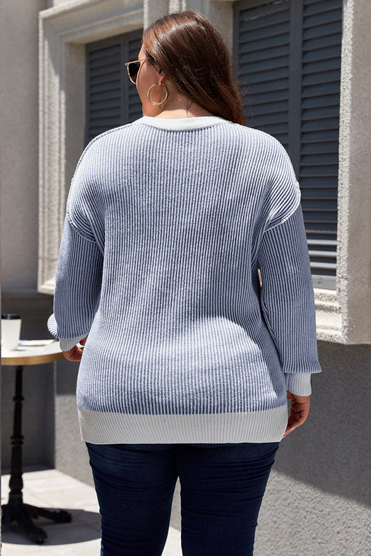 Blue Stripe Plus Size Contrast Trim Crew Neck Rib Knit Drop Shoulder Sweater
