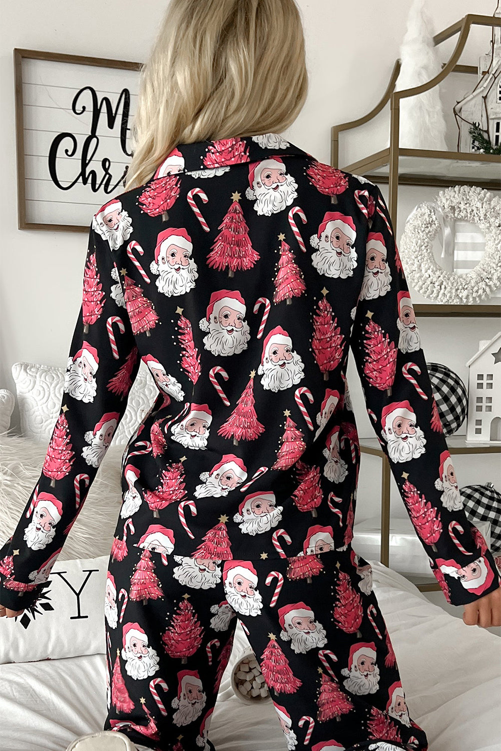 Black Christmas Santa Printed Two Piece Pajamas Set