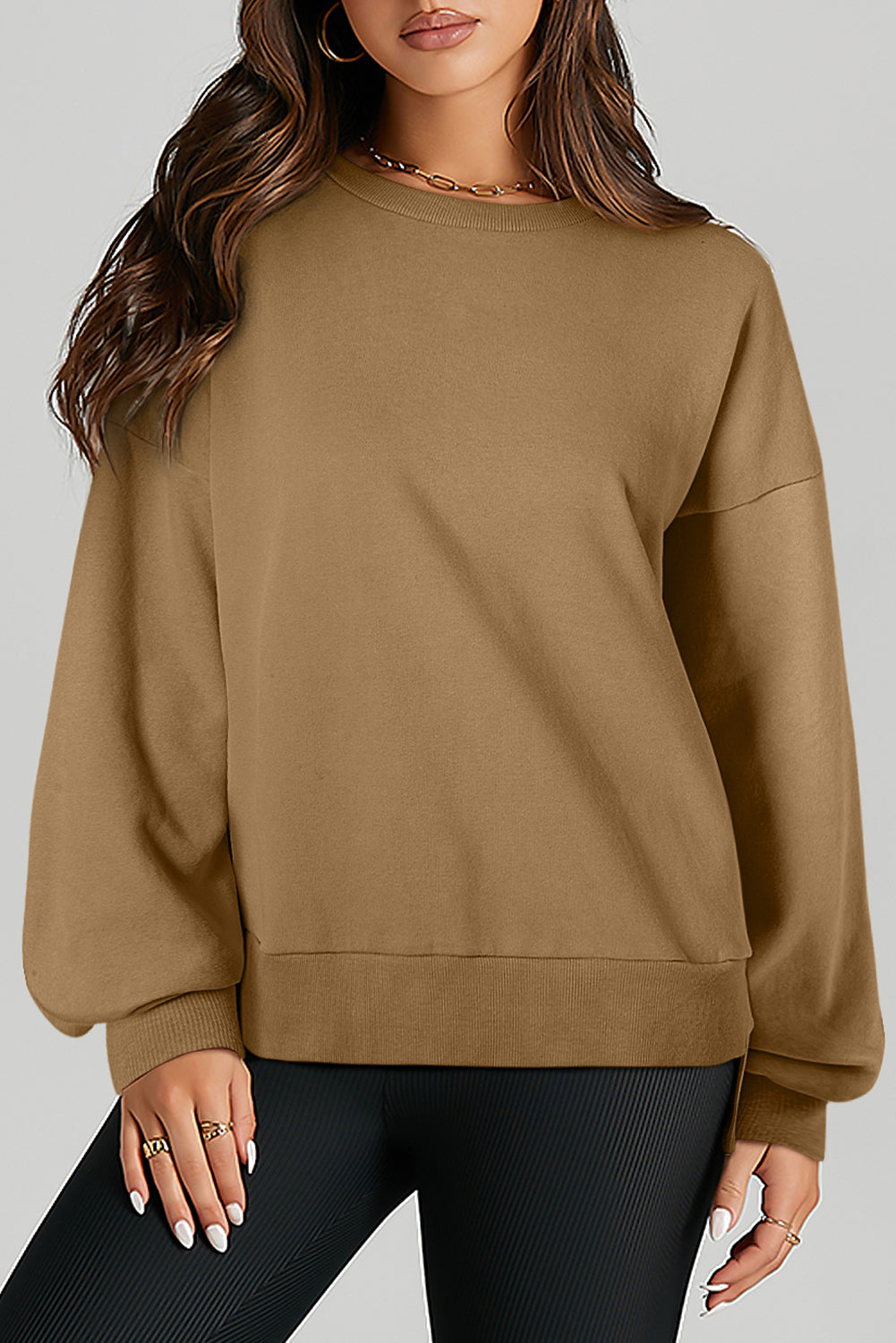 Brown Solid O Neck High Low Hem Pullover Sweatshirt