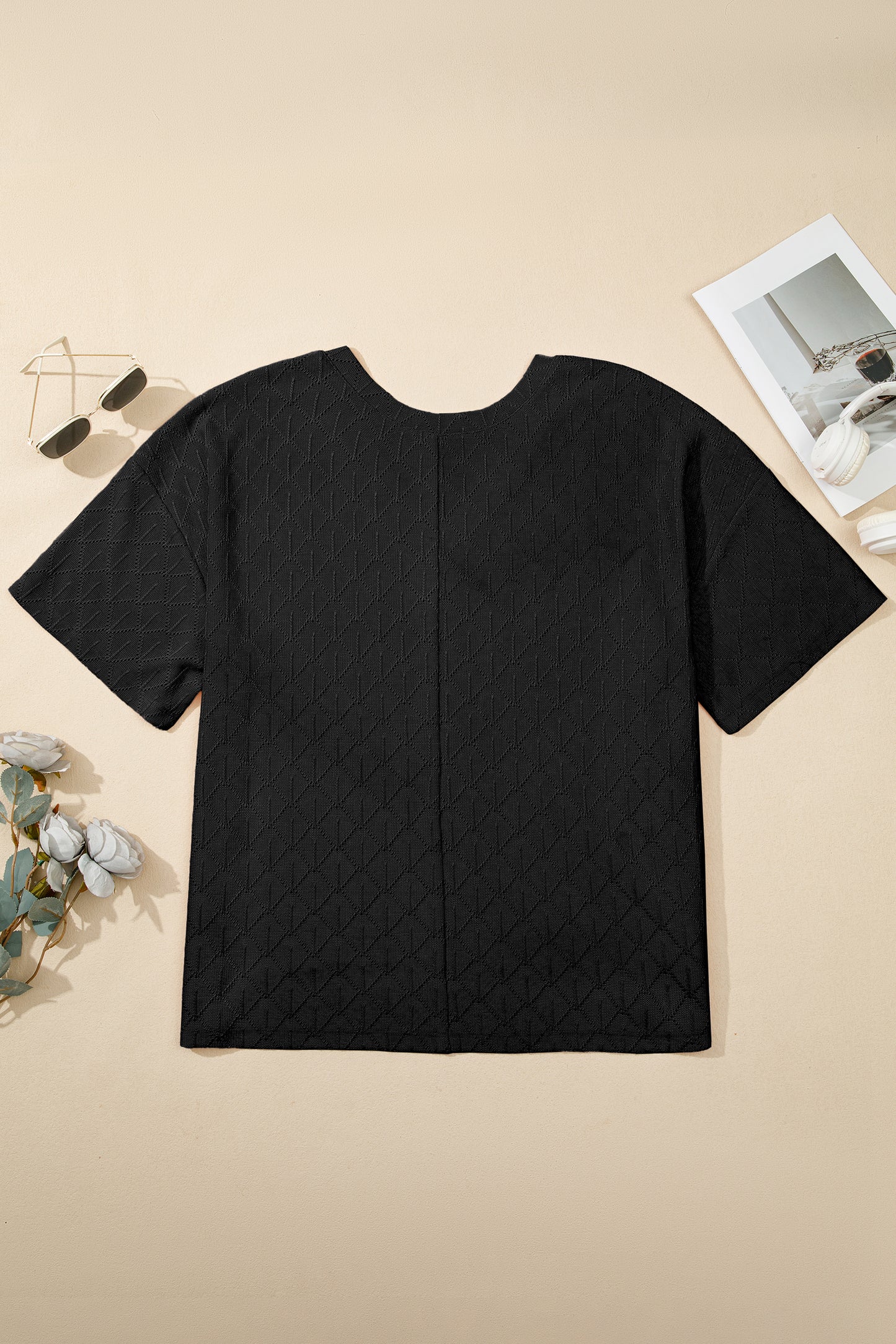 Black Pointelle Rhombus Knit Plus Size V Neck Loose Top