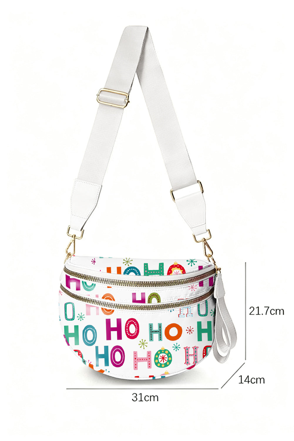 White Christmas Theme Printed Double Zip PU Leather Crossbody Bag