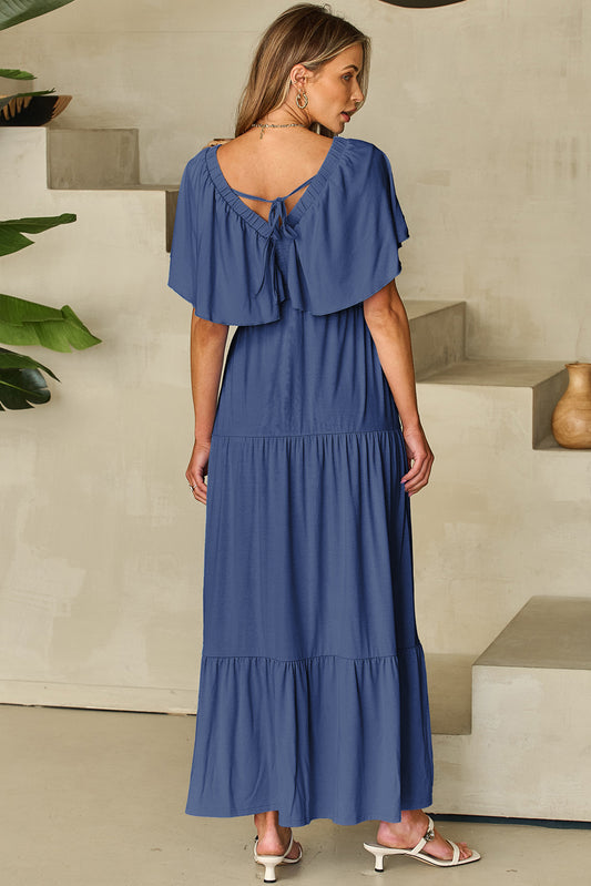 Navy Blue Textured V Neck Flutter Sleeve Ruffled Maxi Dress