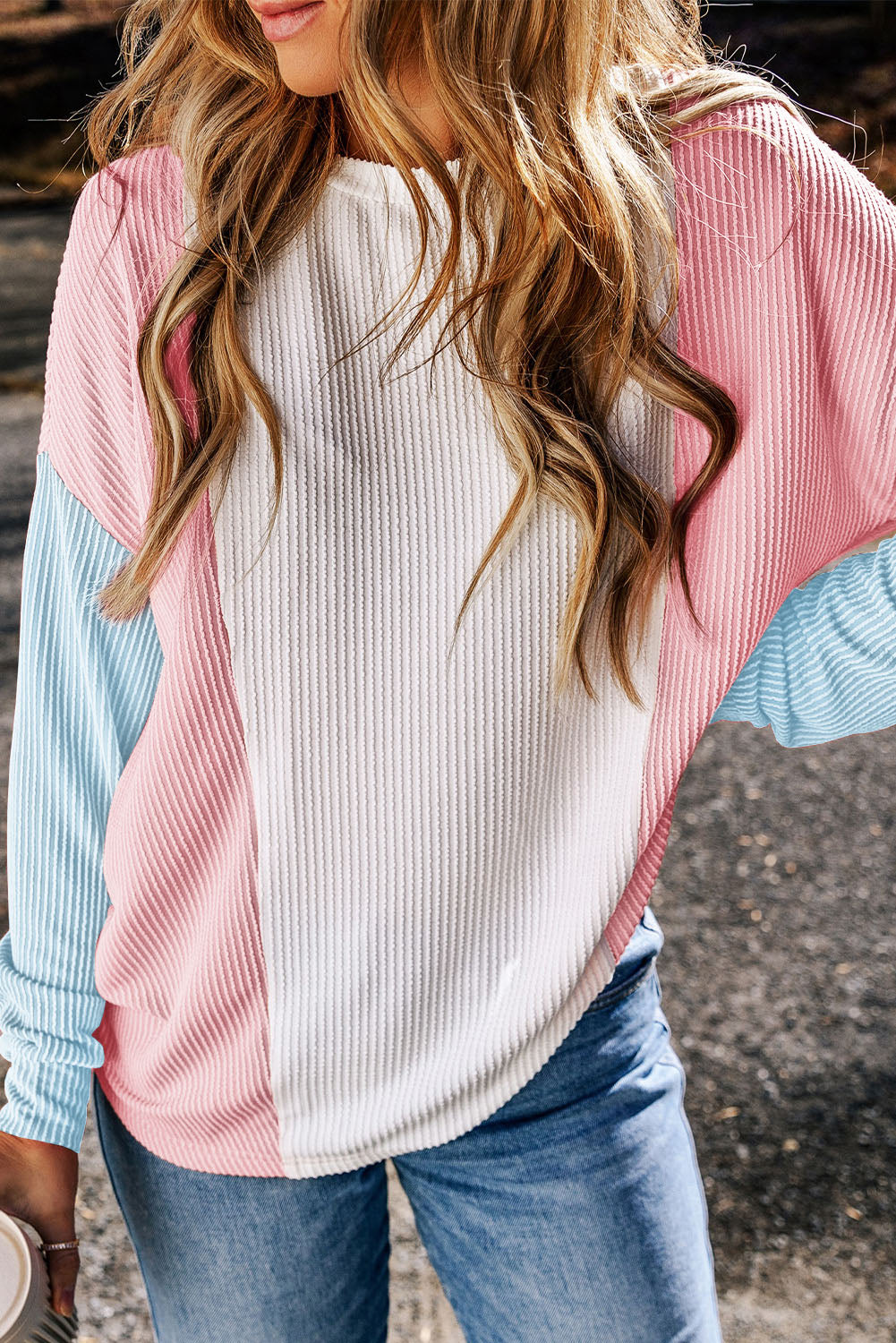 Beau Blue Color Block Corded Long Sleeve Top
