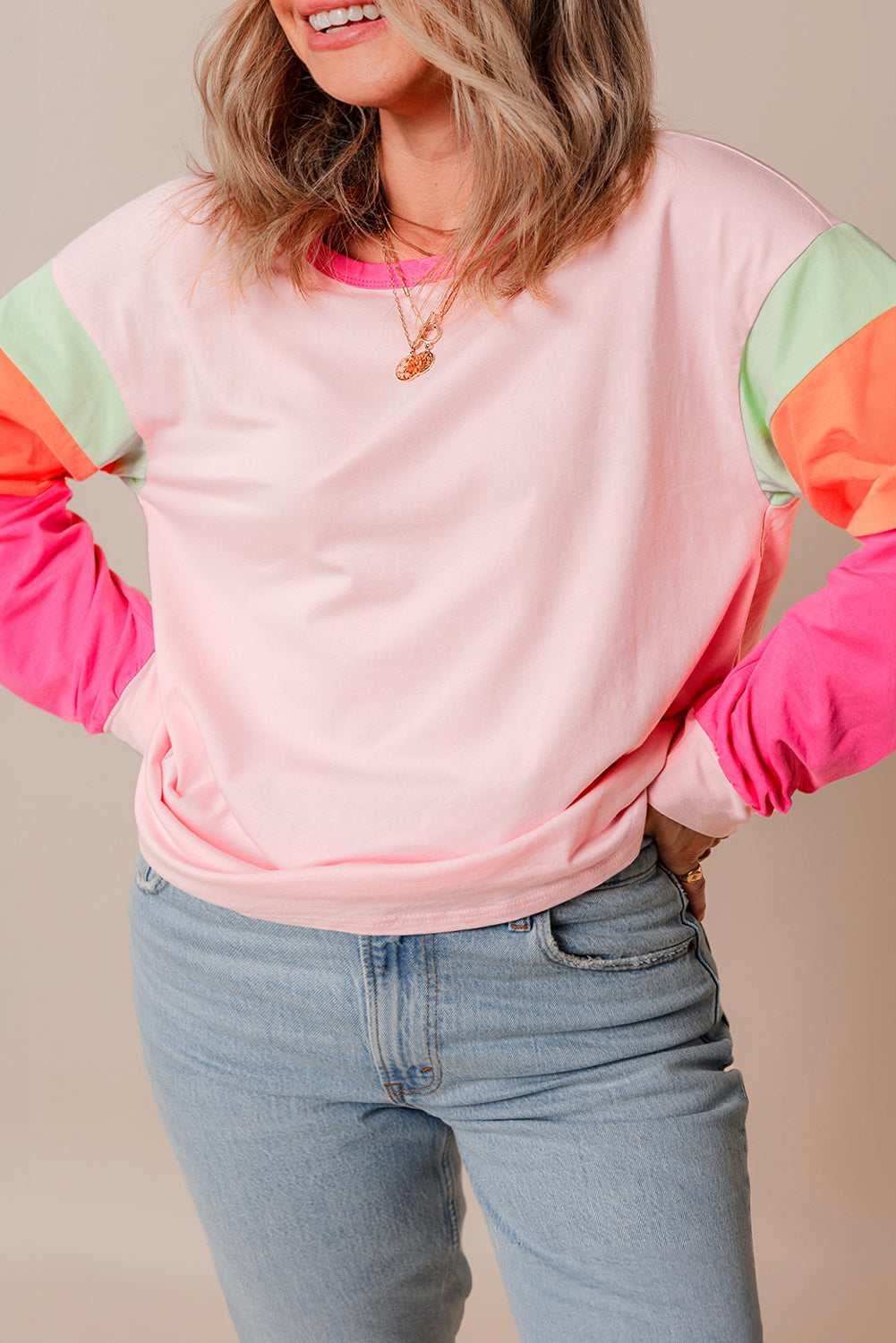 Pink Colorblock Patchwork Long Sleeve Plus Size Top