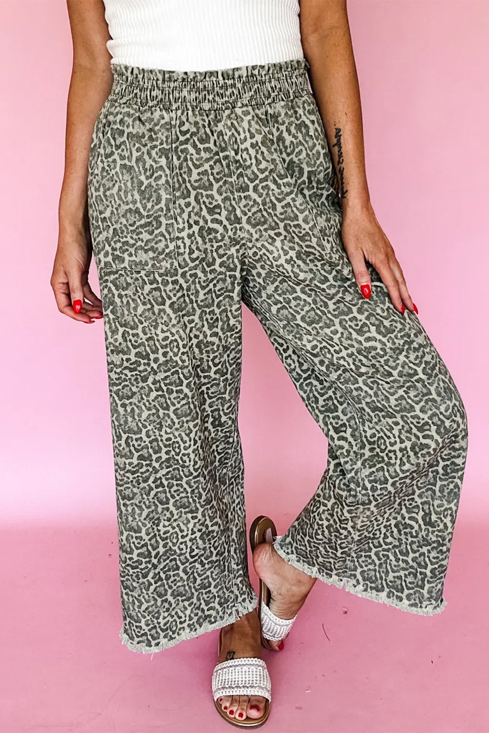 Brown Leopard Print Raw Hem Elastic Waist Loose Pull On Jeans