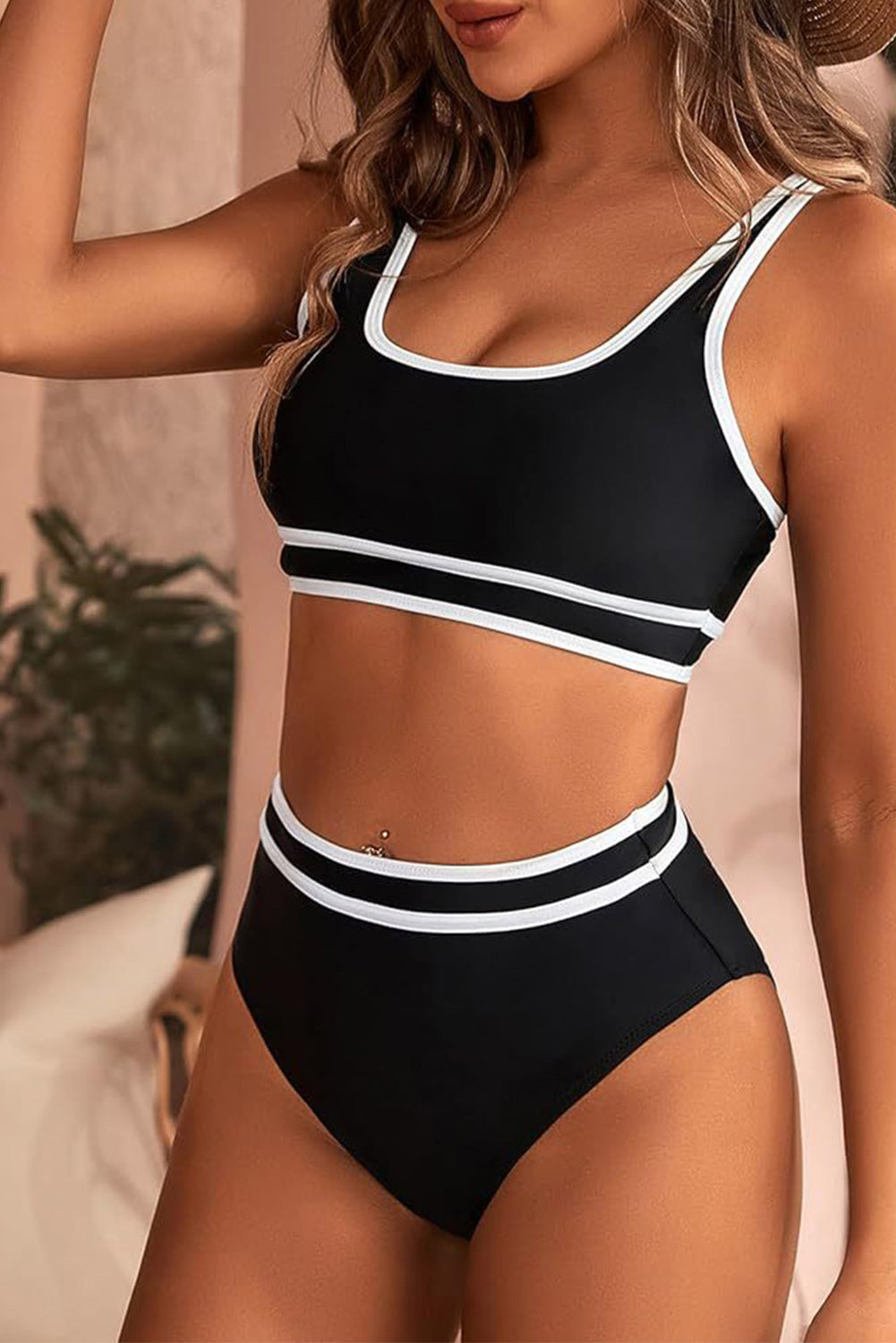 Black Contrast Trimmed U Neck High Waist Bikini