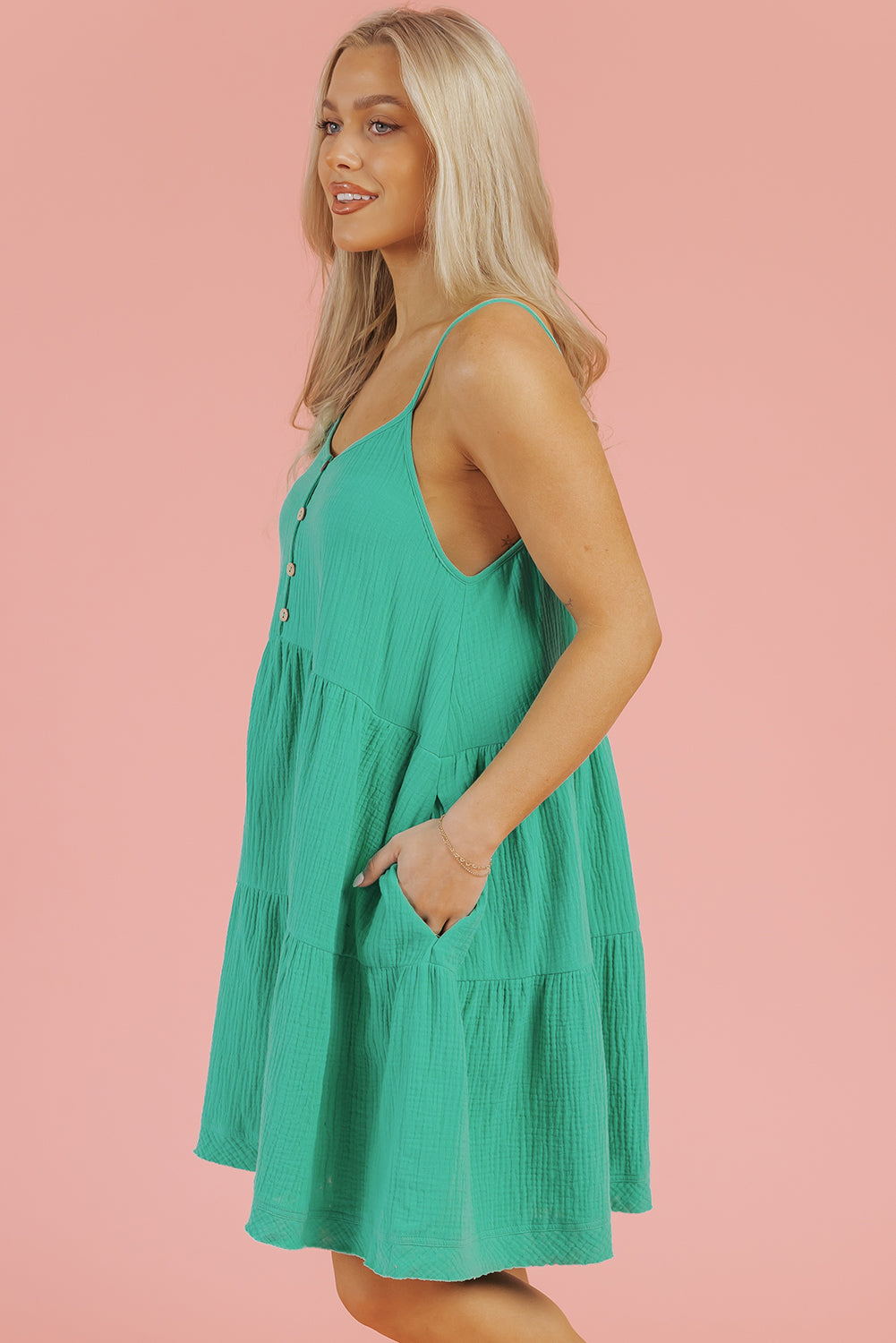 Sea Green Textured Buttoned Thin Strap Tiered Loose Fit Mini Dress