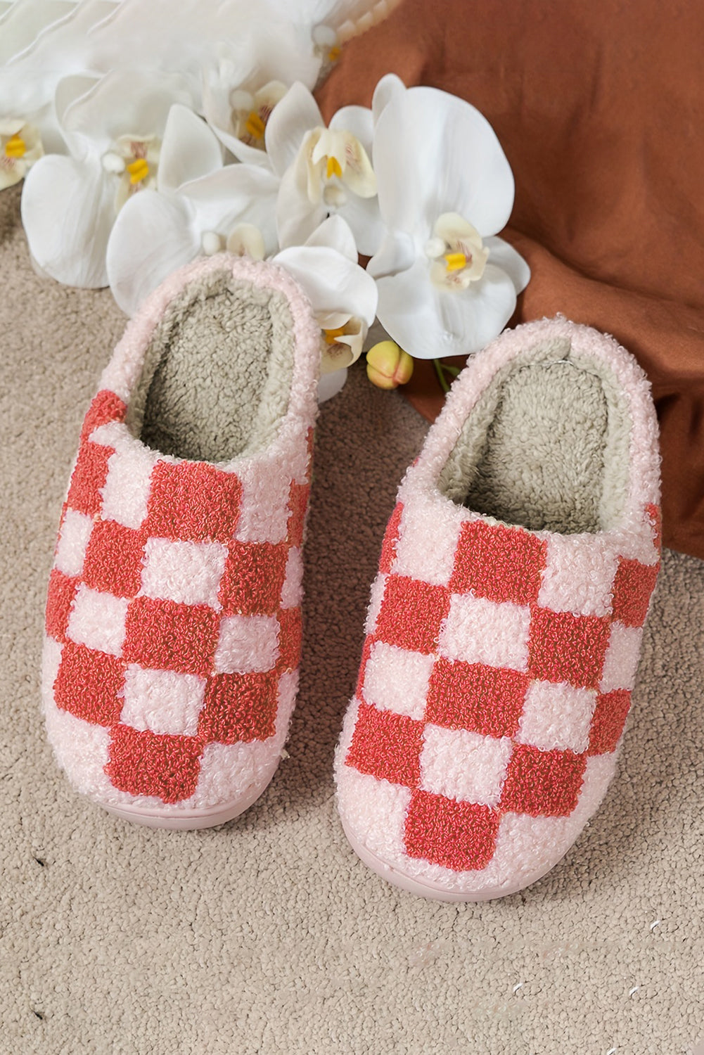 Fiery Red Checkered Print Fuzzy Slip On Winter Slippers