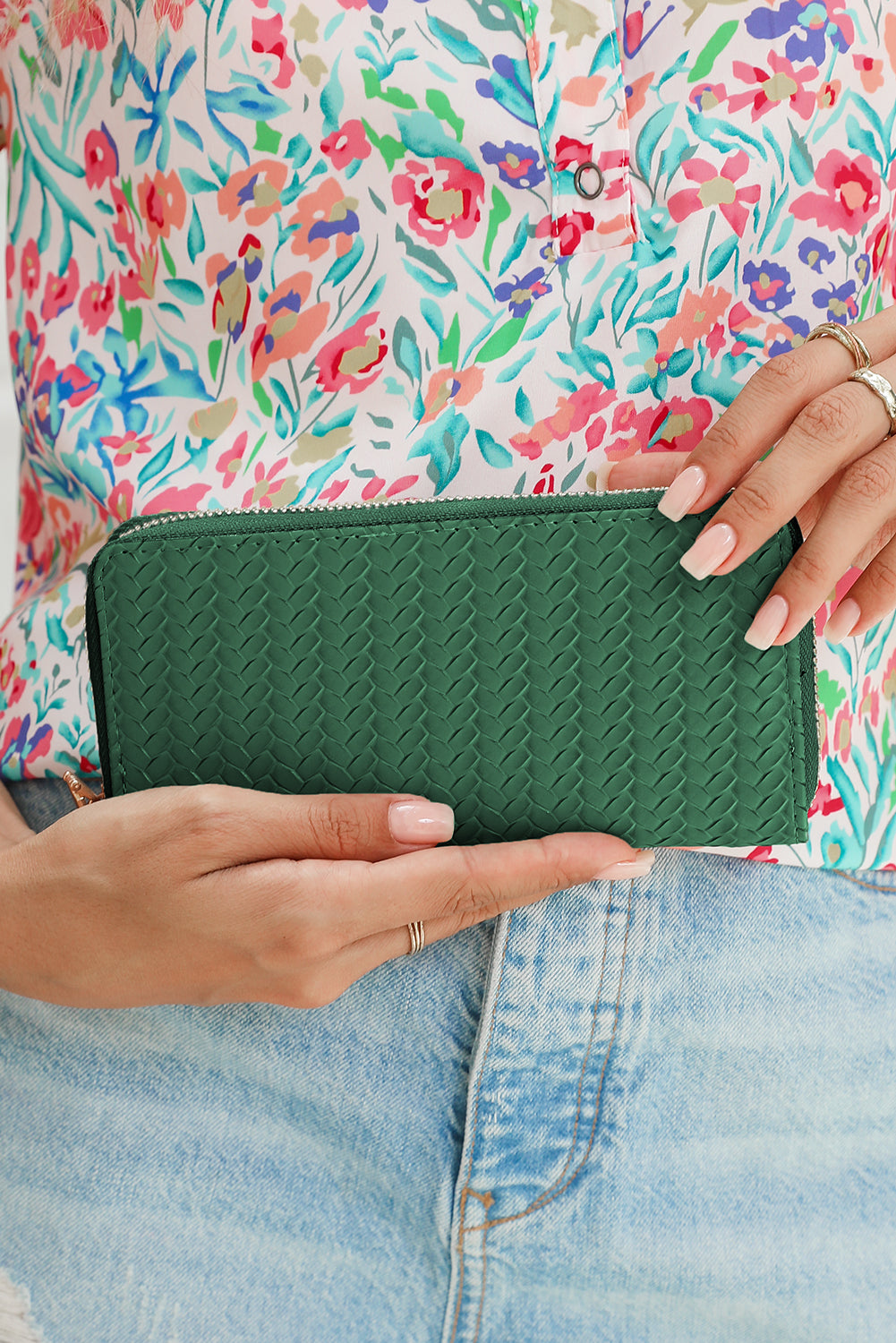 Blackish Green Woven Textured Zip Around Long Wallet