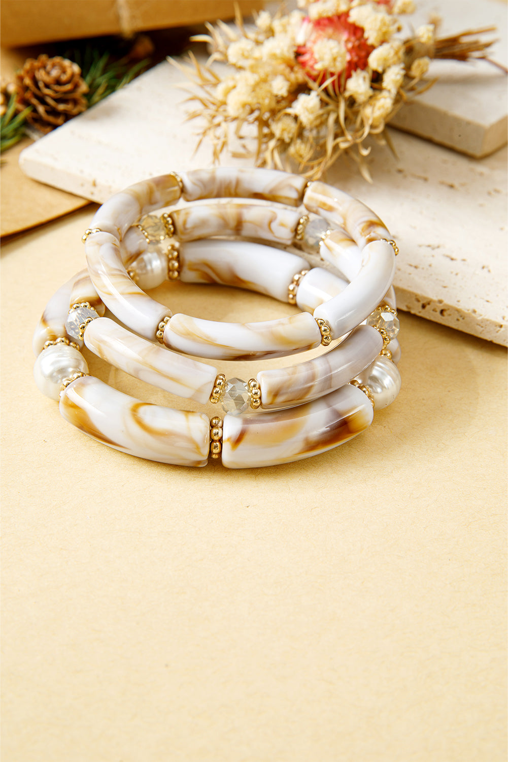White 3pcs Marbled Tube Pearl Bead Stretch Bracelet Set