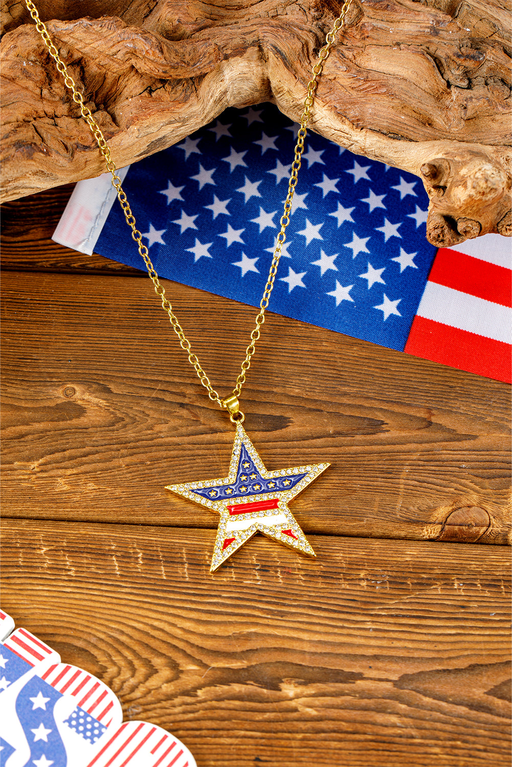 Gold Rhinestone American Flag Star Necklace