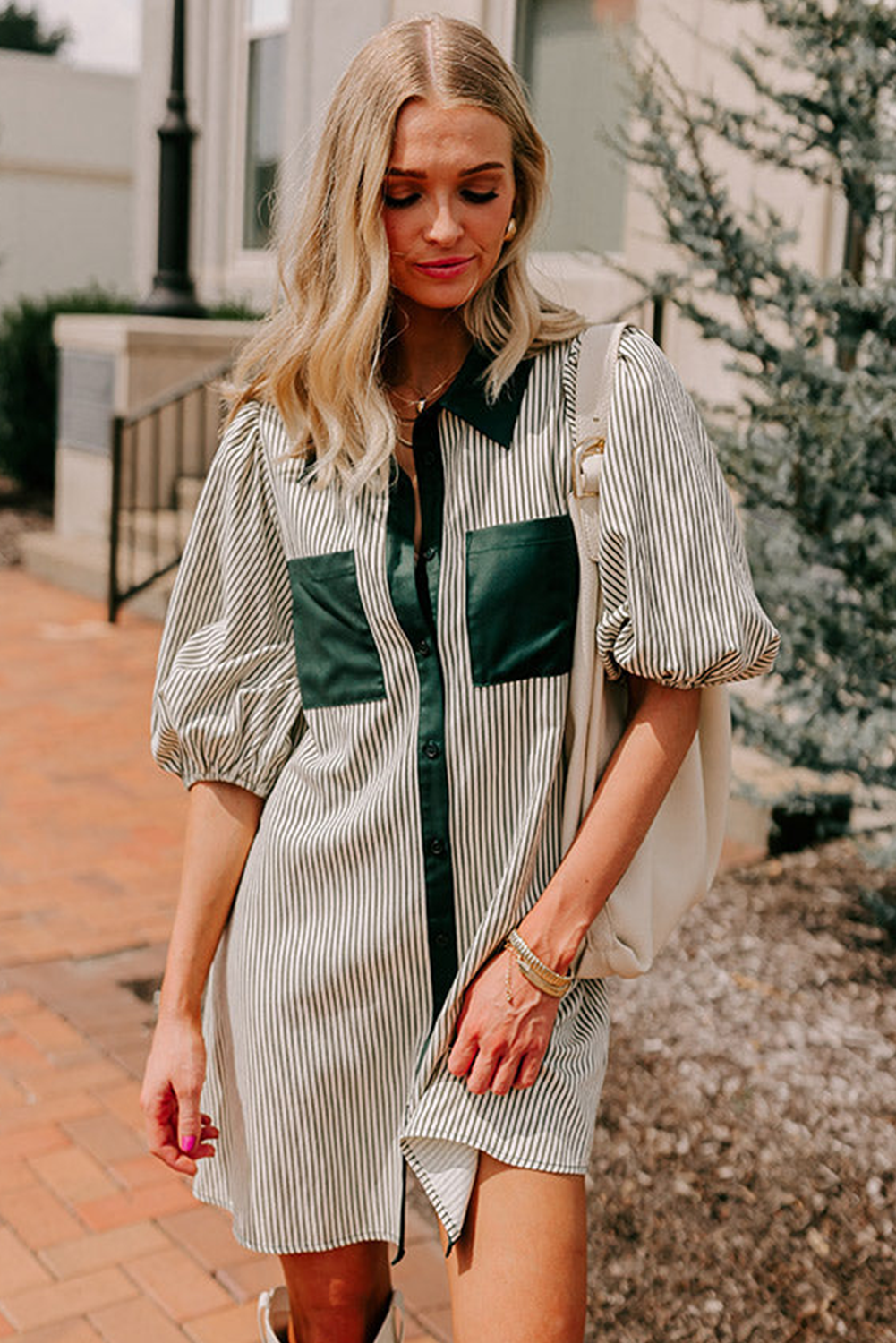 Green Patch Pockets Button Down Short Puff Sleeve Dress