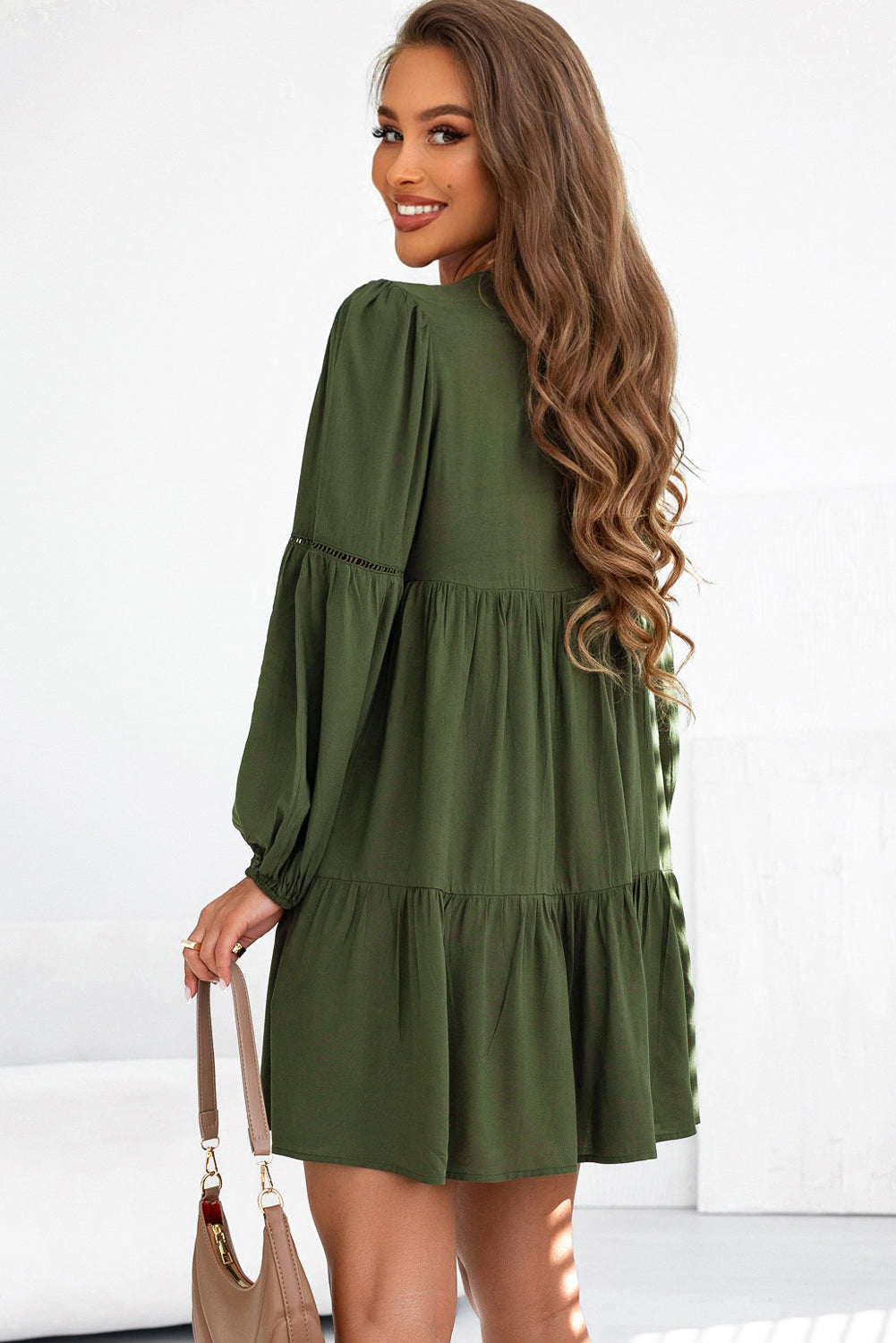 Green Lace Puff Sleeve Buttoned Tiered Ruffled Mini Dress