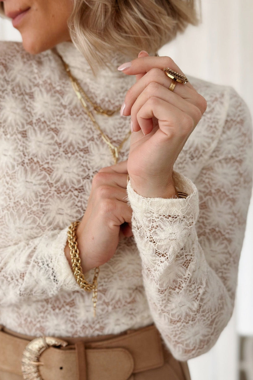 White Floral Lace High Neck Long Sleeve Top