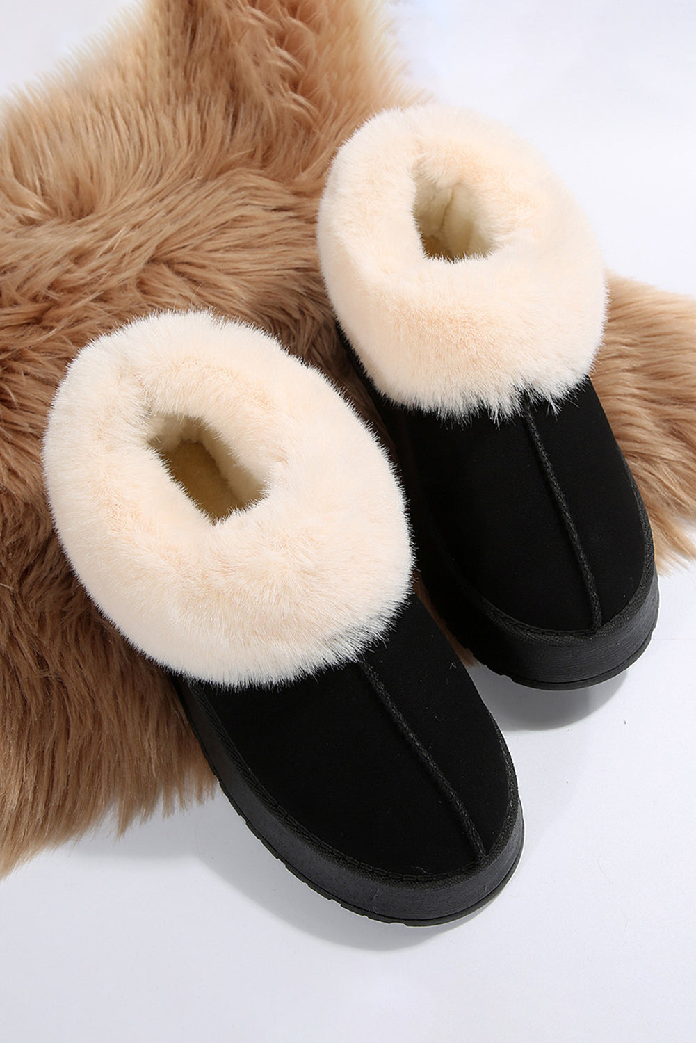 Black Plush Suede Trim Thick Sole Flat Snow Boots