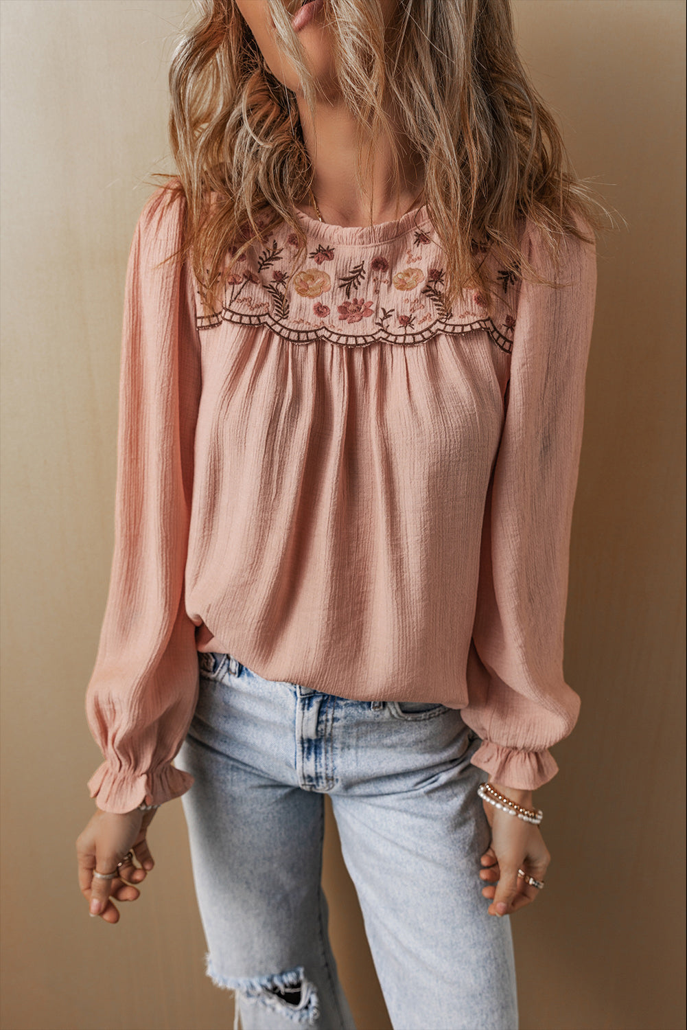 Gossamer Pink Floral Embroidered Textured Flounce Sleeve Elegant Blous ...