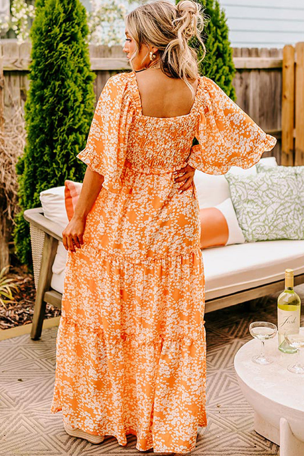 Orange Floral Print Smocked V Neck Wide Sleeve Maxi Dress