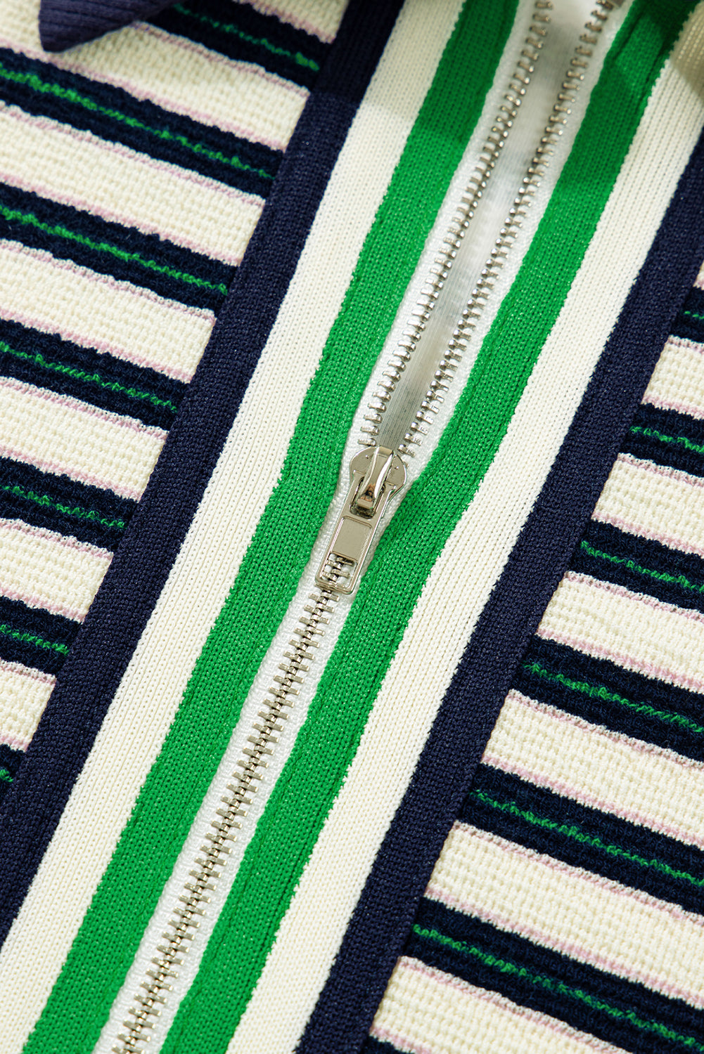 Navy Blue Striped Print Contrast Collar Zip V Neck Long Sleeve Top