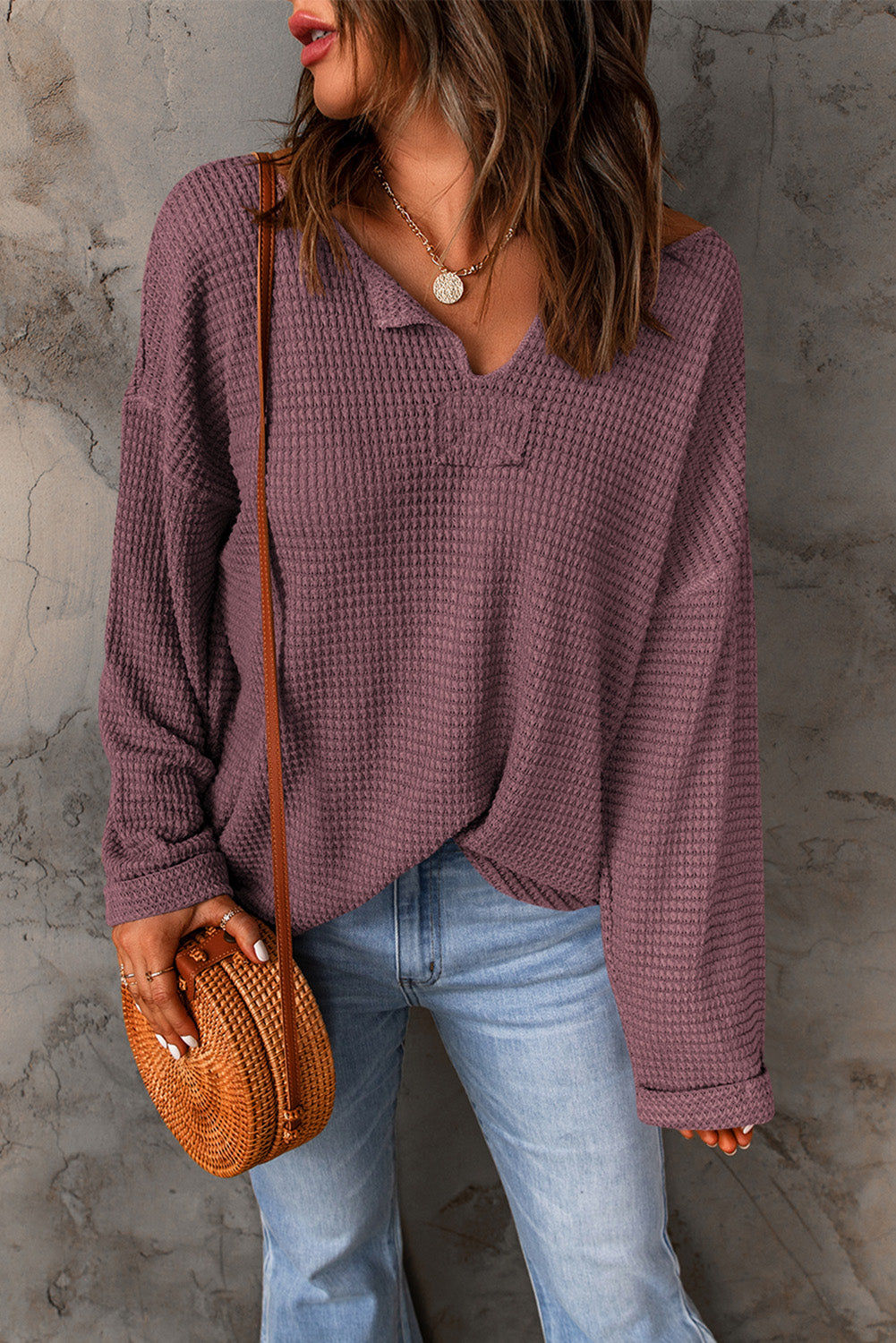 purple Waffle Knit Loose Long Sleeve Top