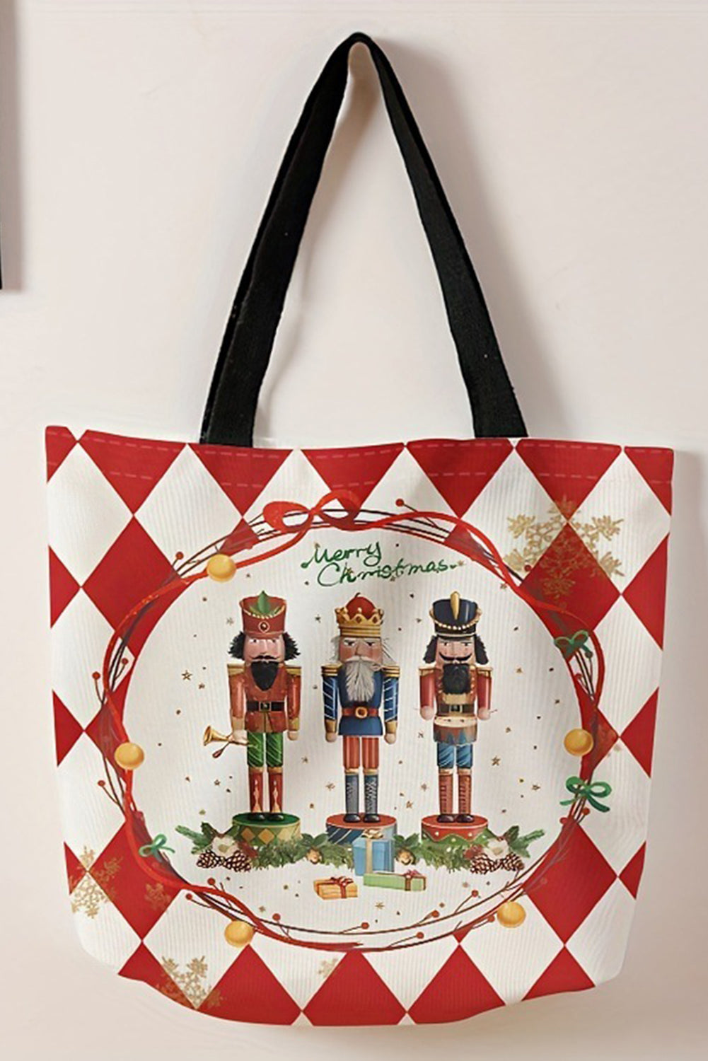 Fiery Red Checkered Merry Christmas Nutcracker Printed Canvas Shoulder Bag