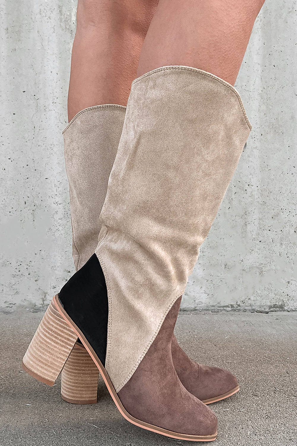 Coffee Suede Calf Length Chunky Heel Boots