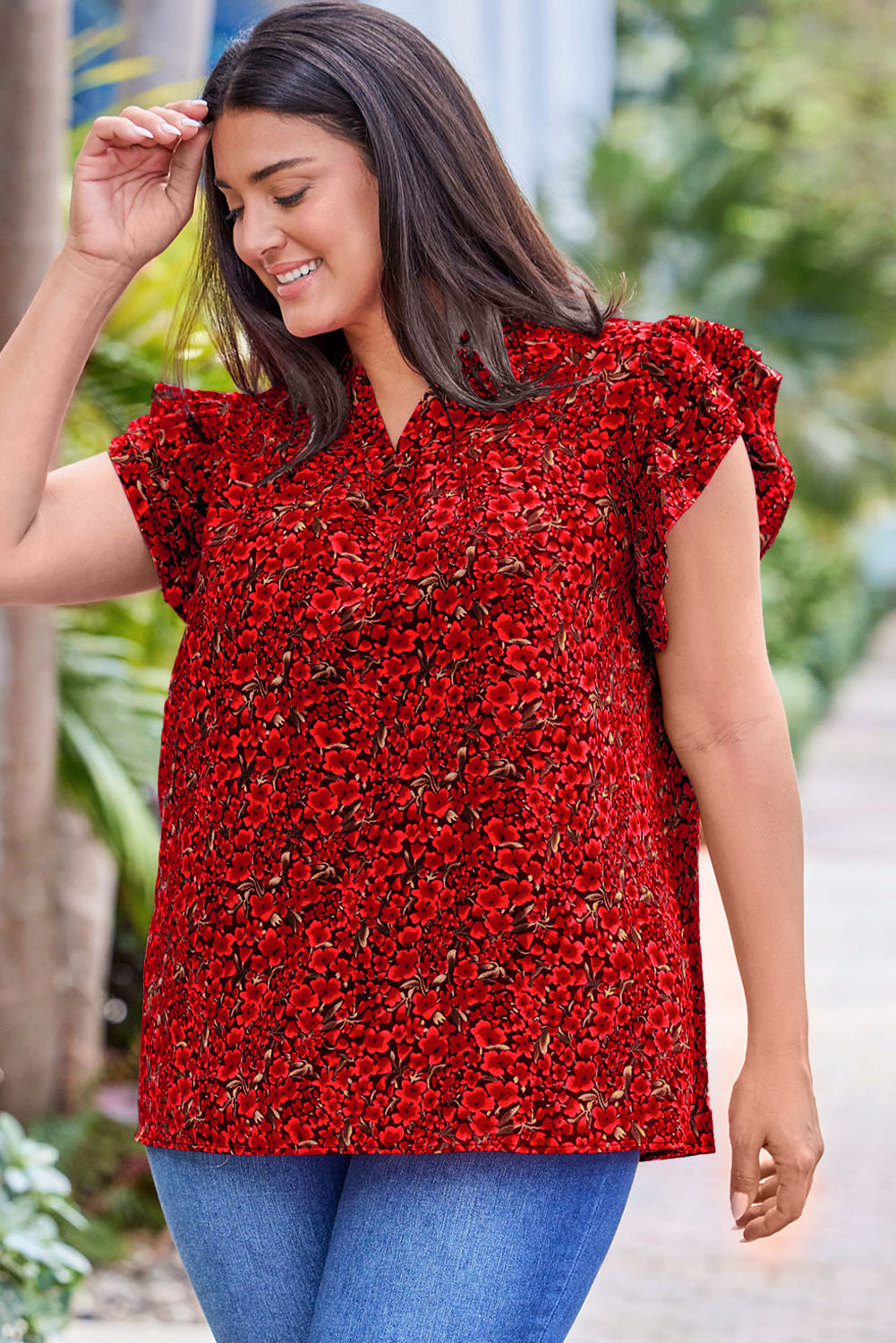 Fiery Red Rose Floral Print Ruffle Sleeve Plus Size Shift Top
