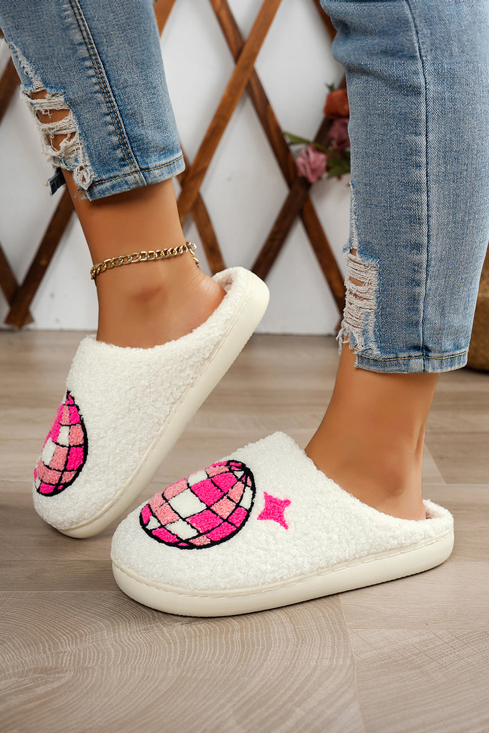 White Disco Ball Print Fuzzy Winter House Slippers