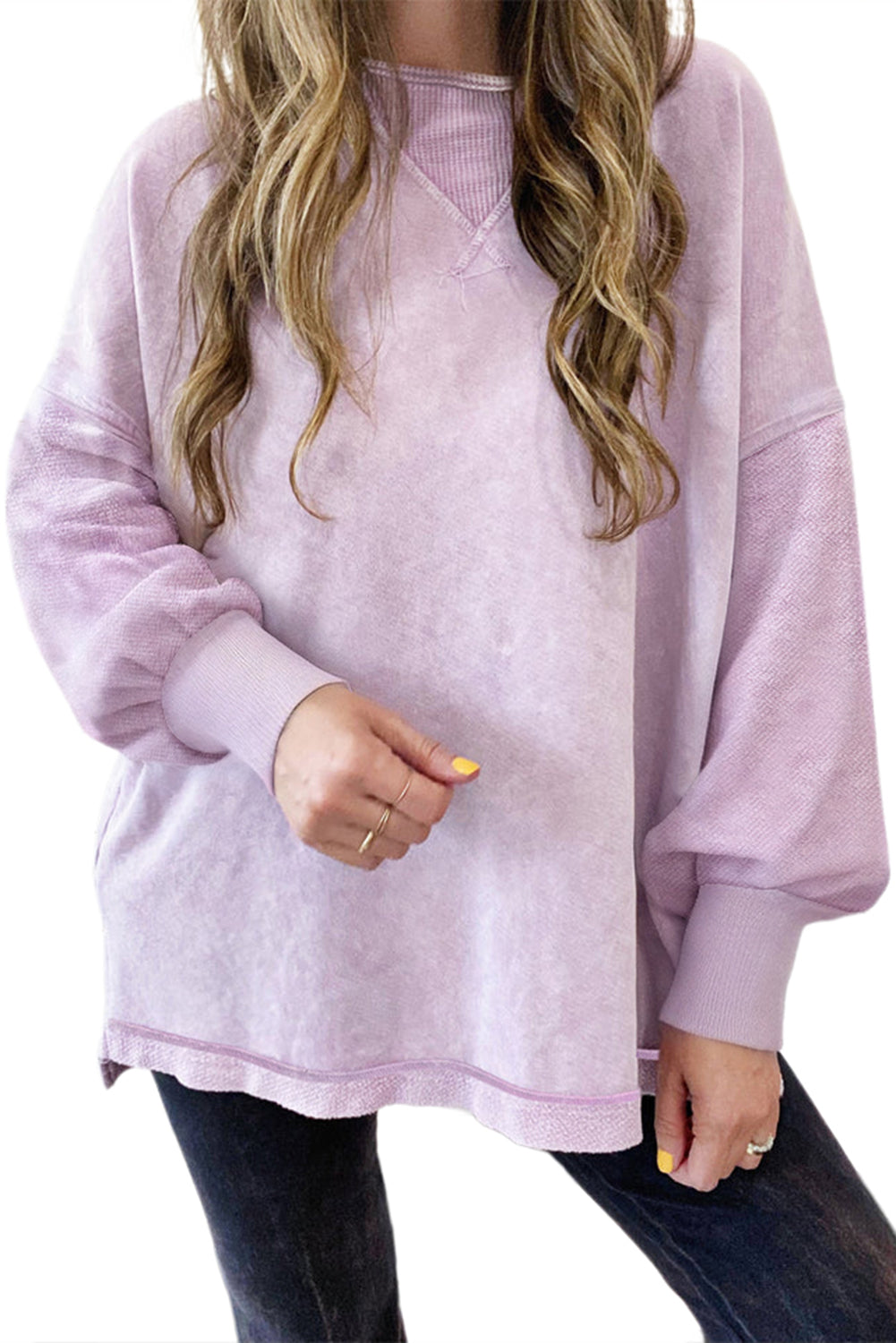 Orchid Petal Mineral Wash Drop Shoulder Pullover Sweatshirt