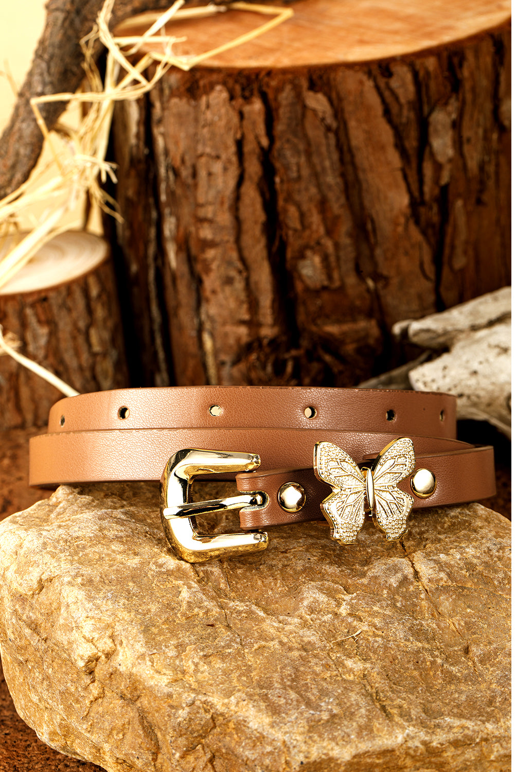 Thai Curry Butterfly Decor Buckle PU Leather Thin Waist Belt