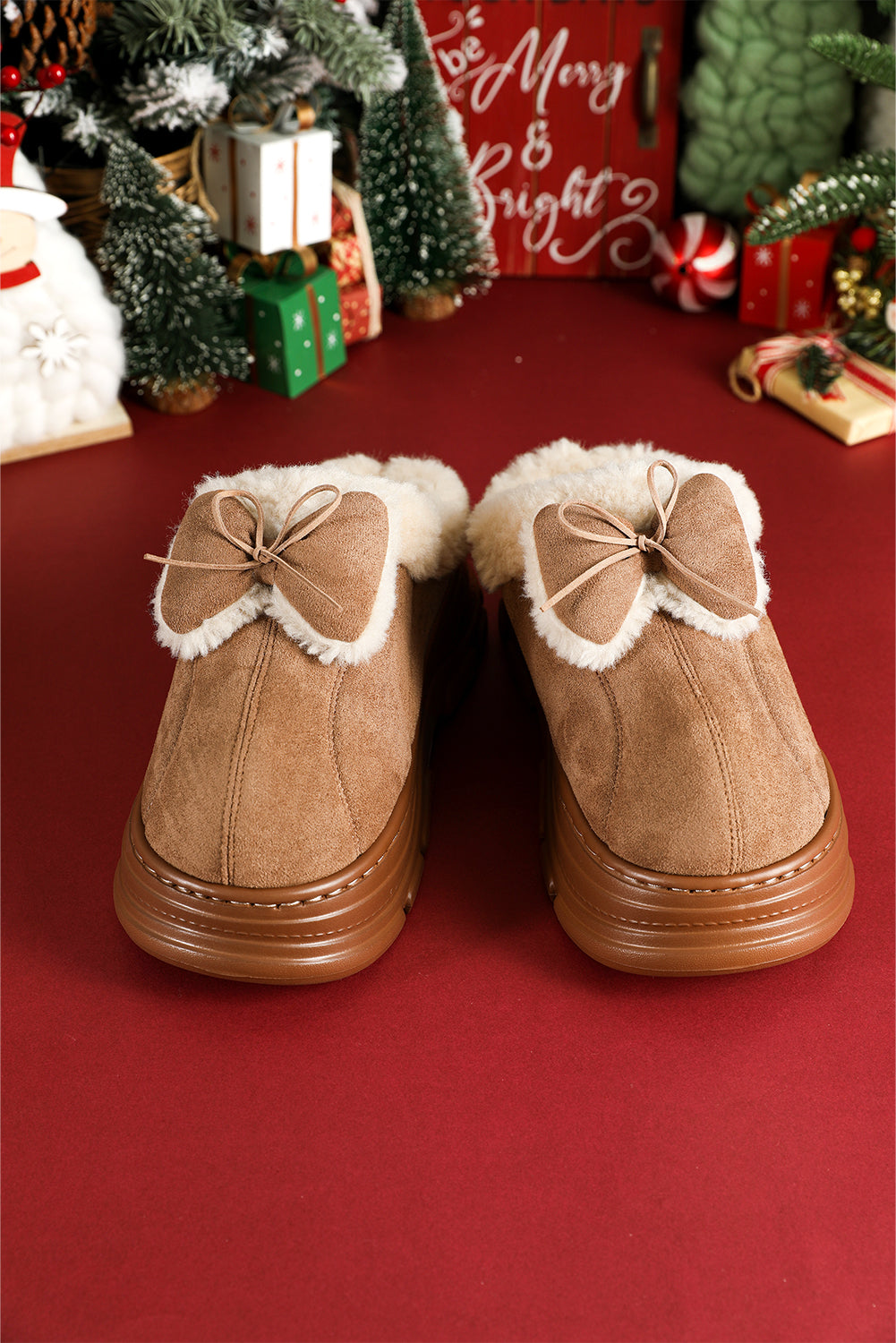 Straw Yellow Cozy Faux Fur Lined Bow Decor Clog Slippers