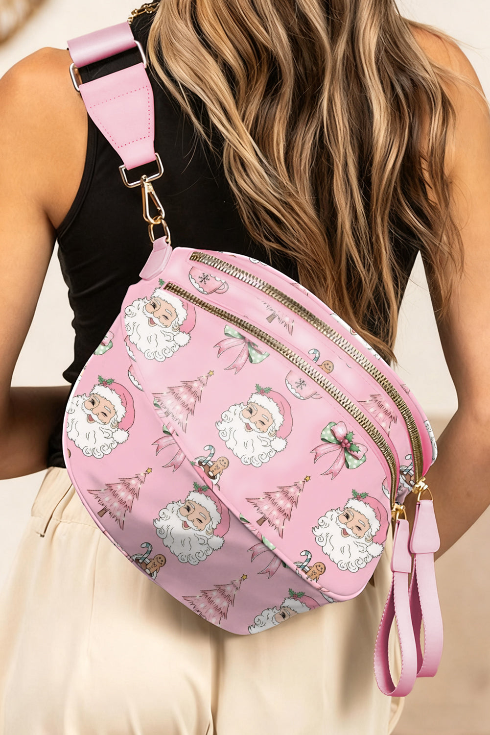 Pink Christmas Theme Double Zip PU Leather Crossbody Bag