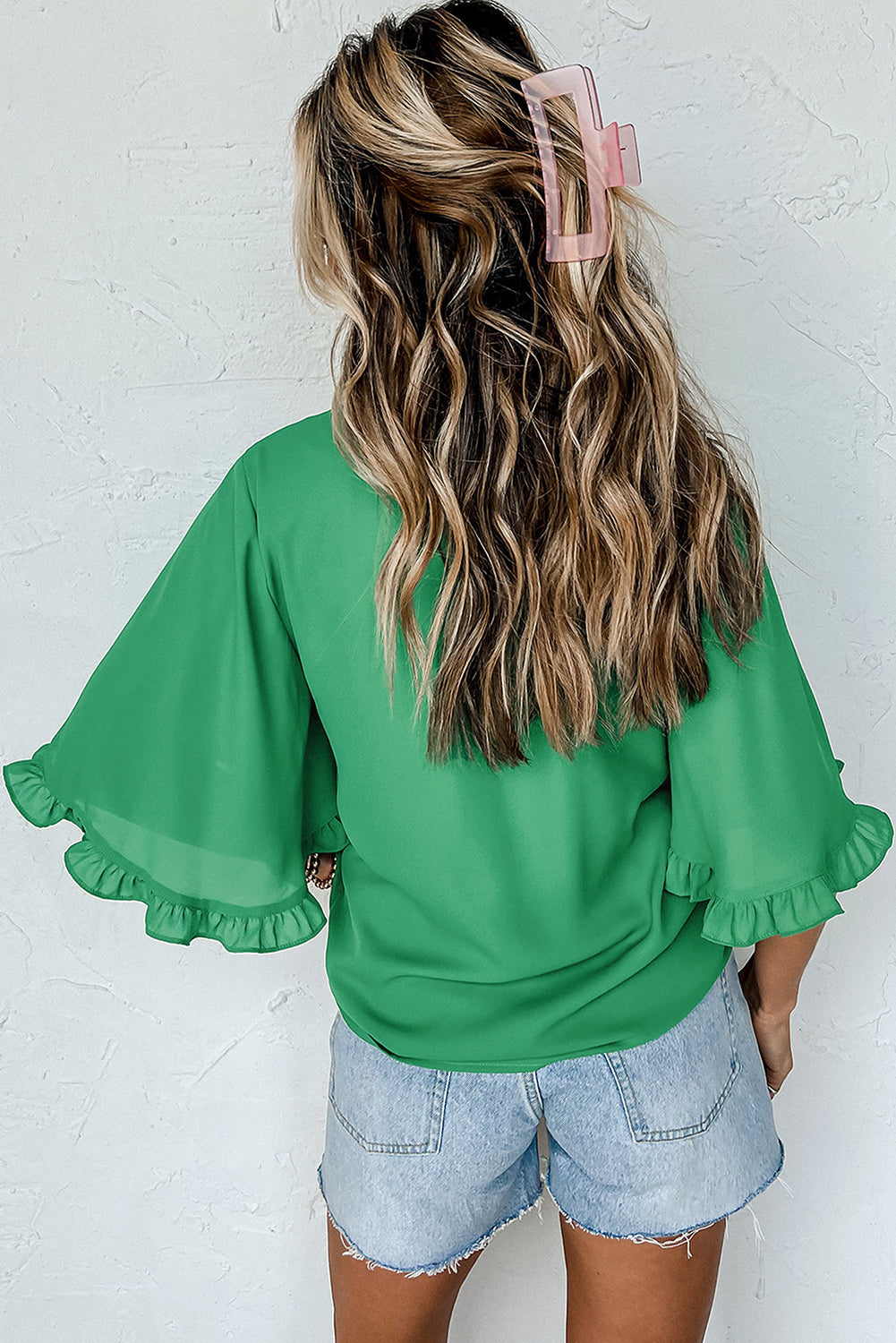 Green Ceramic Rhinstone lucky Clover Graphic Frilled Bell Sleeve Blouse