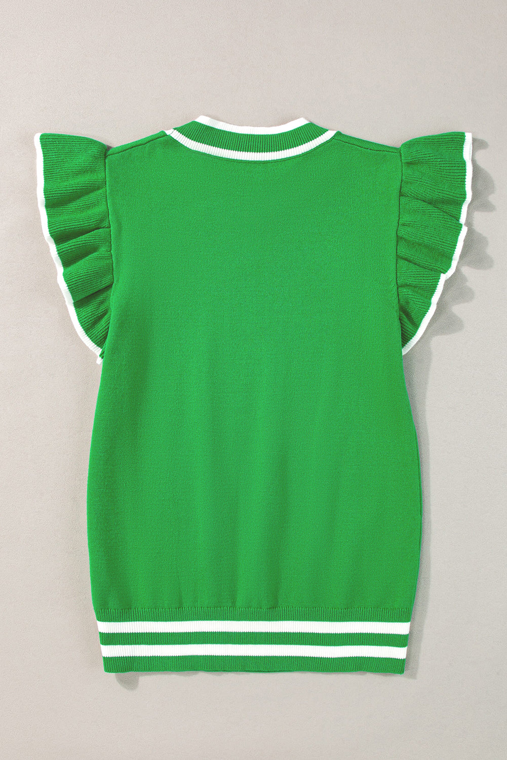 Bright Green Edge Piping Ruffled Sleeve Round Neck Knit T Shirt