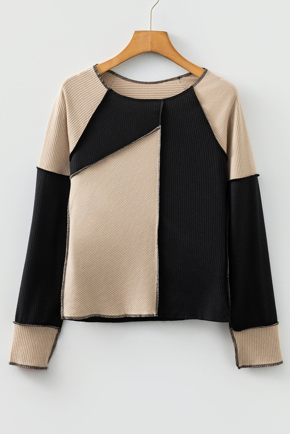 Multicolor Irregular Color Block Seaming Trim Rib Knit Top