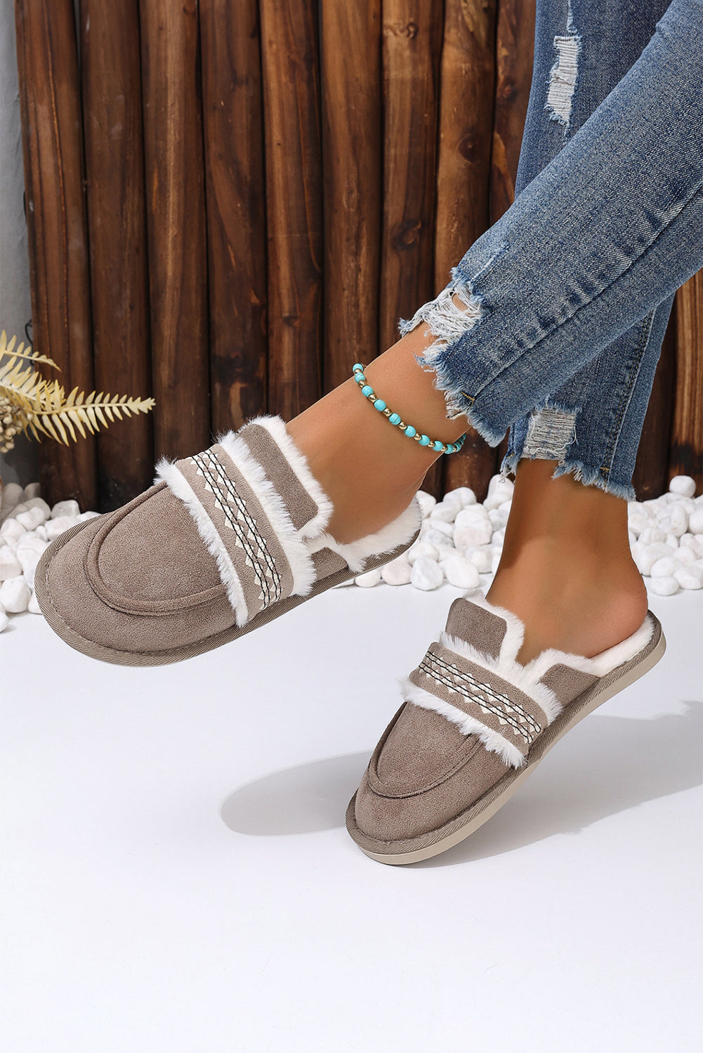 Gray Suede Wavy Striped Plush Lined Slippers