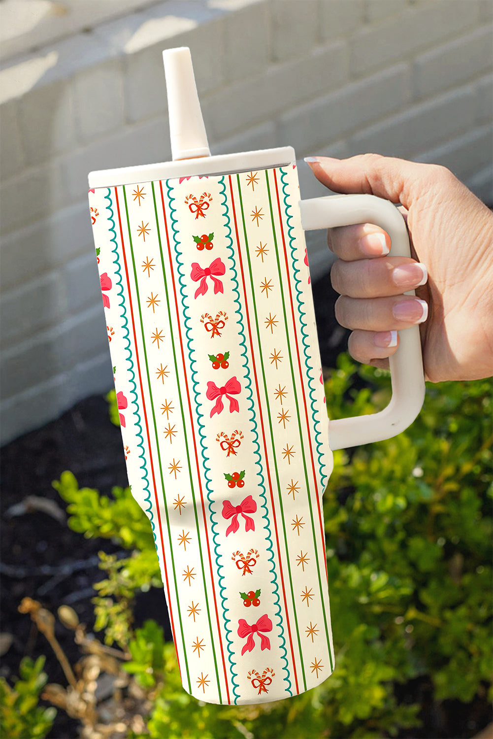 White Holly Jolly Bow Striped Print Flip Straw Tumbler