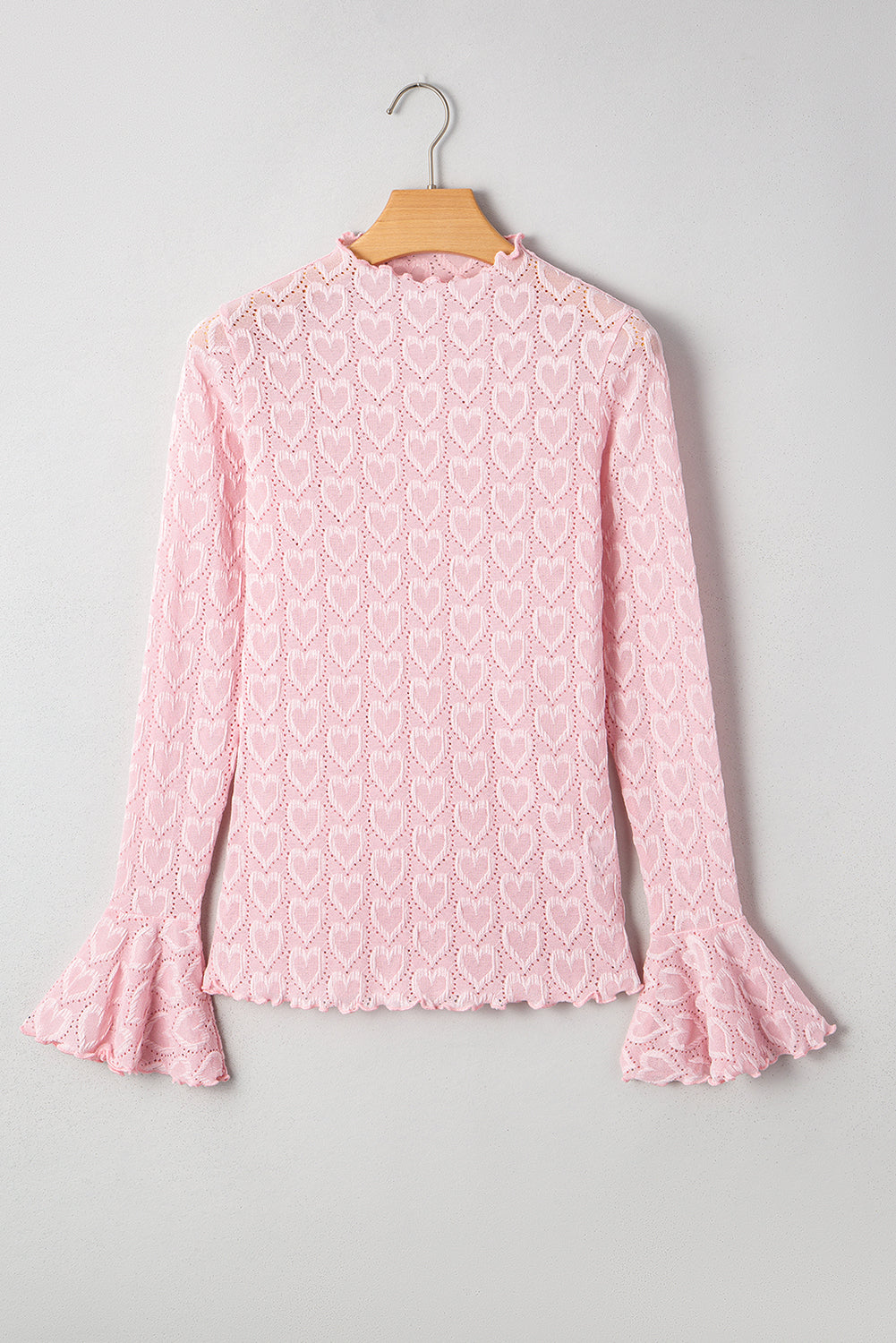Gossamer Pink Heart Jacquard Flare Sleeve Mock Neck Fitted Top