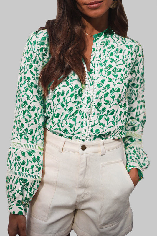 Green Printed Lace Detail Floral Puff Sleeve Fall Shirt
