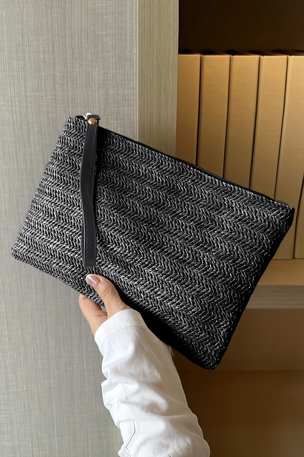 Black Straw Woven Wrist Strap Zipper Large Wallet