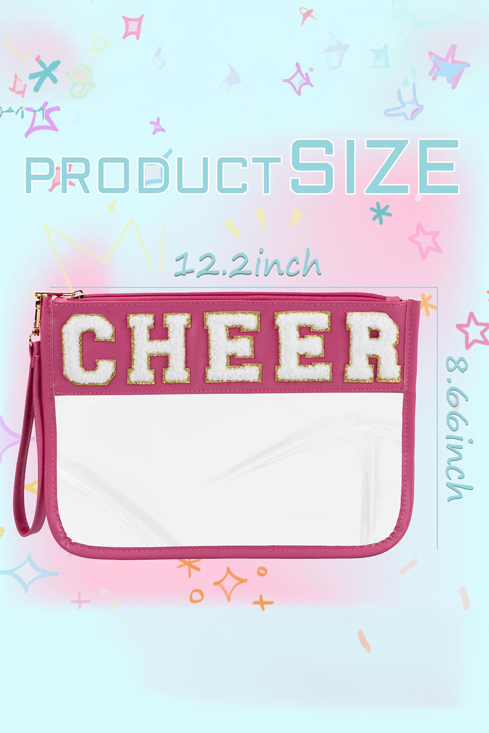 Bright Pink CHEER Chenille Letter PU Leather Patchwork Clear Makeup Bag