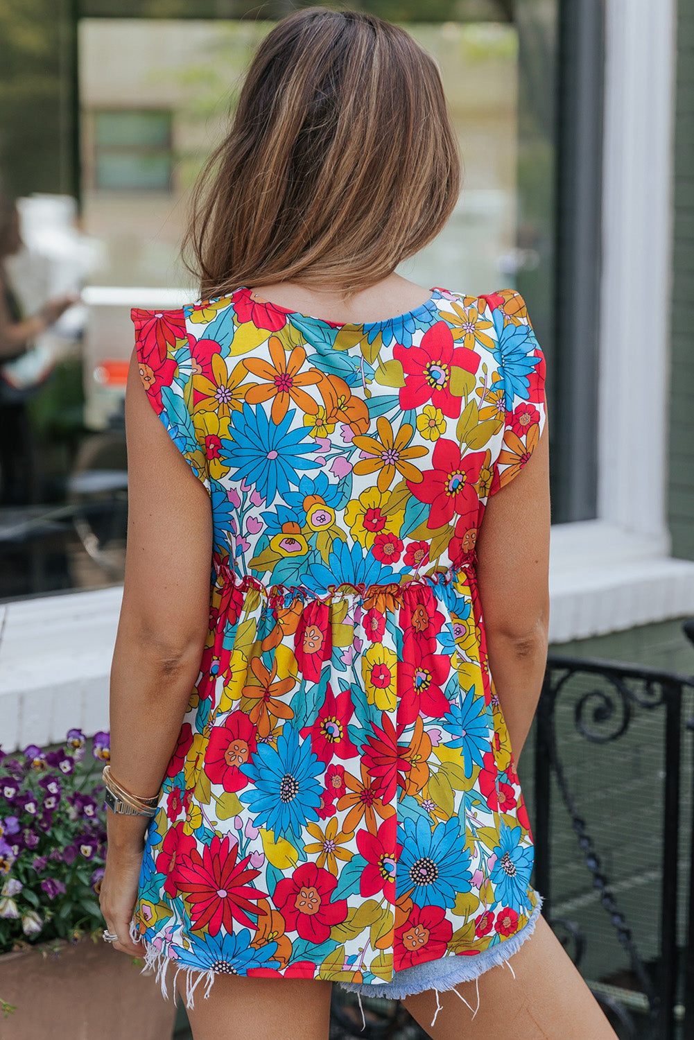 Fiery Red V Neck Ruffled Floral Babydoll Top