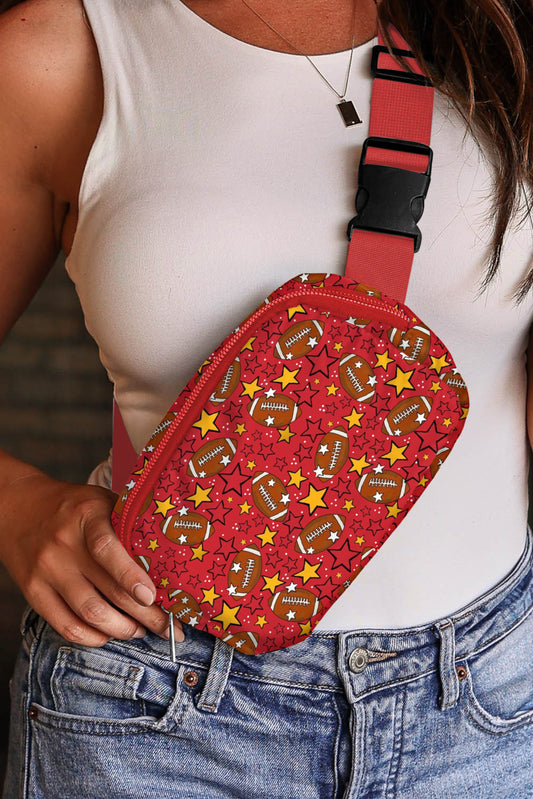 Fiery Red Rugby Football Star Printed Buckle Strap Crossbody Bag