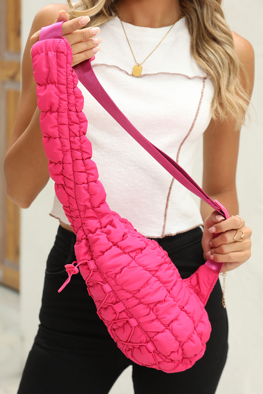 Bright Pink Marshmallow Quilted Drawstring Decor Sling Bag
