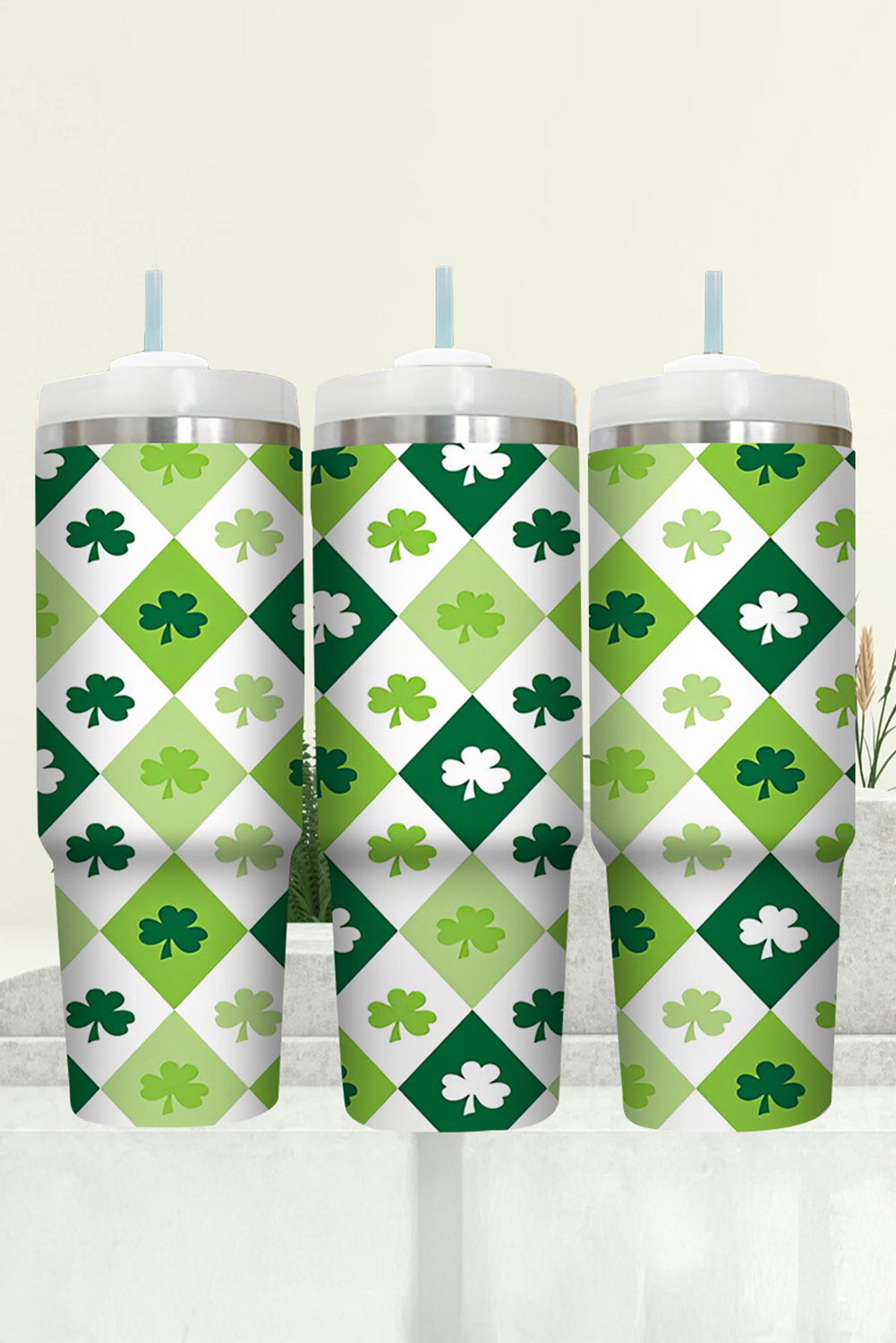 Green Clover Checkered Print Straw Large Tumbler 40oz