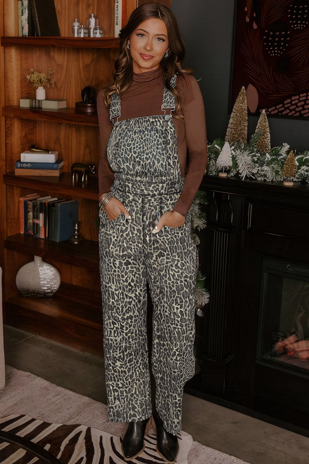 Brown  Leopard Print Straight Leg Loose Denim Overall Jumpsuit
