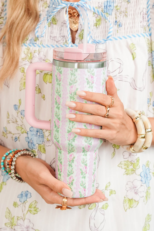 Pink Flower Print Large Insulated Tumbler with Handle 40oz