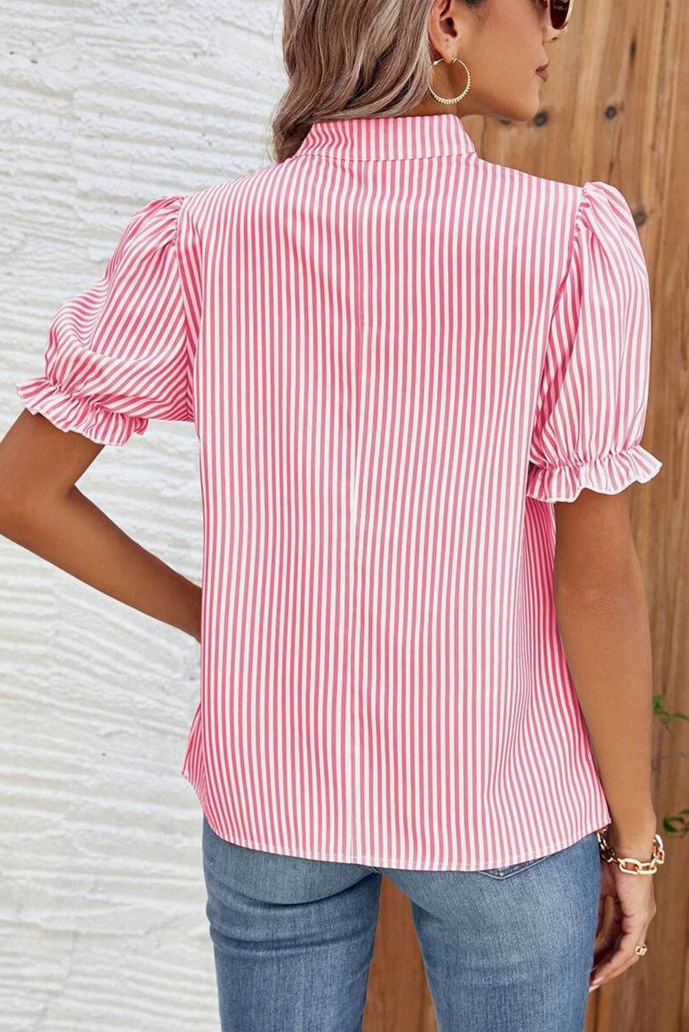 Pink Stripe Notched Neck Frilled Short Puff Sleeve Blouse